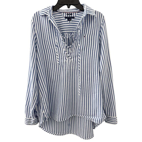 Tommy Hilfiger Blue White Striped Relaxed Fit Long Sleeves Blouse - Picture 1 of 3